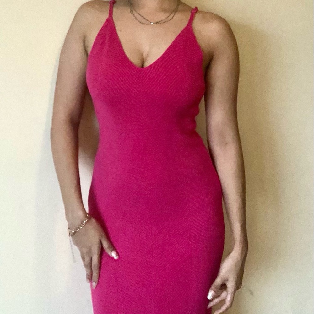 Freshman 1996 hot pink knit sweater dress with straps. Small to medium